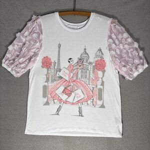 Love and Lace Women’s Size M Parisian Graphic T-Shirt Pink Puff Organza‎ Sleeves